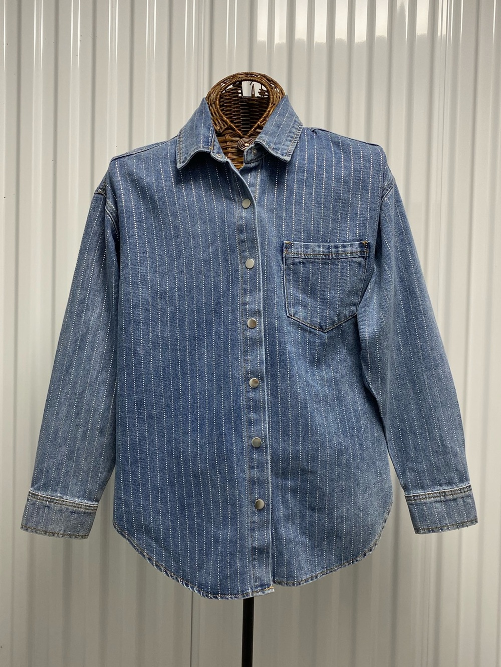 NWT Forever 21 Rhinestone Denim Jacket Pinstripe Bling Snap Front Shacket